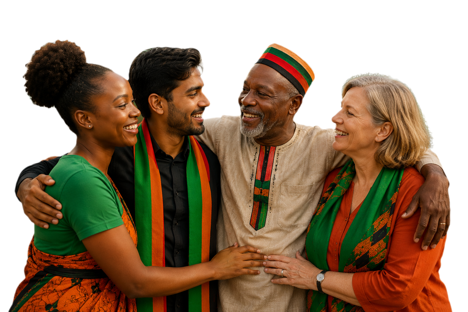 Diverse group of Zambian citizens embracing